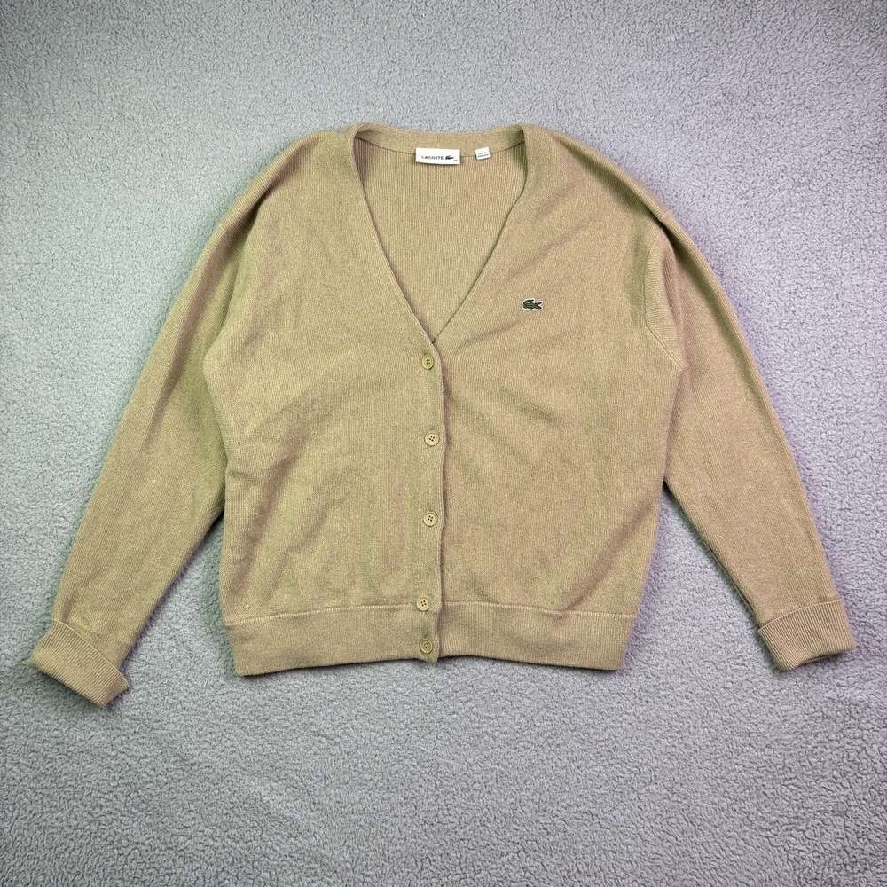 Lacoste Cardigan Womens Large Beige Relaxed V-Neck Wool Sweater Preppy Knit